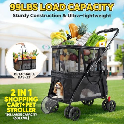 Folding Shopping Cart & Pet Stroller 99 LB, 130L Large Grocery Cart