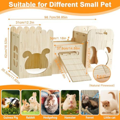 Large Natural Wooden Rabbit Castle,Bunny House,Detachable Rabbit Hideaway, Indoor Hamster Castle with Ramp, Small Animal Houses & Habitats for Guinea Pig Chinchilla Ferret