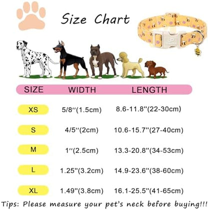 Bee Cotton Dog Collar, Summer Spring Bee Floral Pattern,Adjustable Soft Pet Collar with Cute Charm/Durable Buckle, Lightweight Comfortable for Small Medium Large Dogs