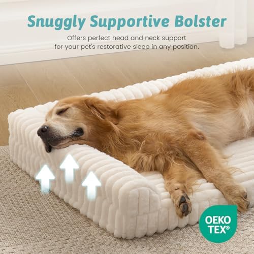 COZY KISS Faux Rabbit Fur Extra Large Dog Bed – 48"x35" Orthopedic Foam Couch with Sides, Removable Washable Cover & Waterproof Lining, Cream