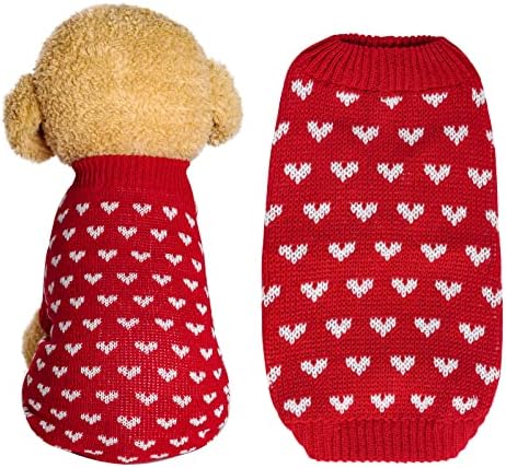 Dxhycc Dog Knitted Heart Sweater Puppy Sweater Warm Soft Pet Holiday Clothes for Medium Cats and Dogs (Red, L)