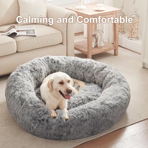 45 in Faux Fur Fluffy Donut Dog Bed for Extra Large Dogs,Dark Grey