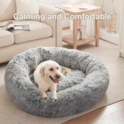 45 in Faux Fur Fluffy Donut Dog Bed for Extra Large Dogs,Dark Grey