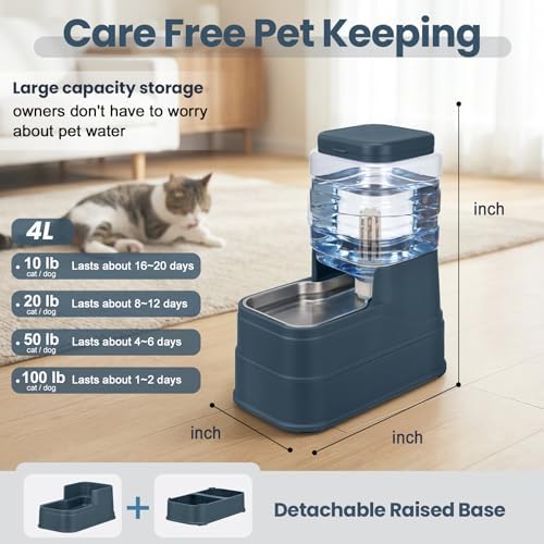 Automatic Cat Water Dispenser Gravity Stainless Steel Water Feeder Dog Waterer Feeder with Wide Mouth Bowl for Small Medium Dog Puppy Kitten (Filter &Ice Pack Included) 1Gallon Navy
