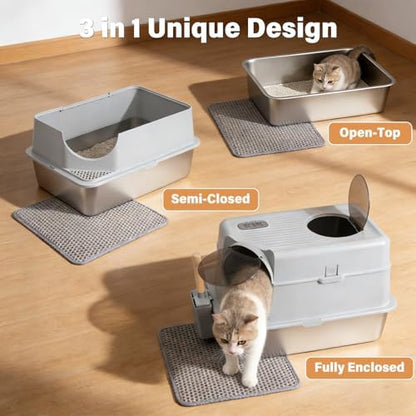 Stainless Steel Cat Litter Box Enclosed,Metal Litter Box with Lid