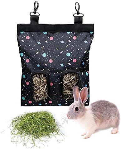 Rabbit Hay Feeder Bag Hanging Hay Rack (Pattern Black, 2 Windows)