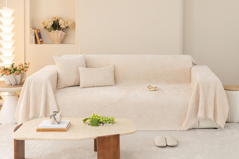 AMWAN Simple Sofa Cover for Living Room Creamy Beige Chenille Couch Cover for Dogs,Cats,Kids 3 Cushion Sofa Slipcover for Sectional Sofa Machine Washable 71"x134"