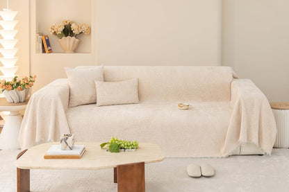 AMWAN Simple Sofa Cover for Living Room Creamy Beige Chenille Couch Cover for Dogs,Cats,Kids 3 Cushion Sofa Slipcover for Sectional Sofa Machine Washable 71"x134"