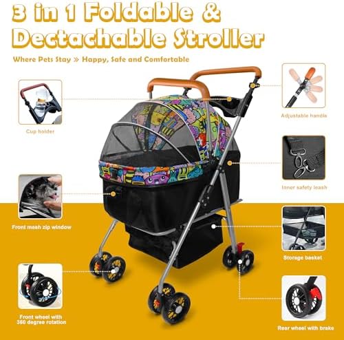 Pet Stroller with Storage Basket and Cup Holder, Folding Dog Jogger, Foldable Cat Stroller, 3 in 1 Puppy Kitten Cart, Pet Jogger for Medium Dog Cat (Magic Black)