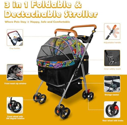 Pet Stroller with Storage Basket and Cup Holder, Folding Dog Jogger, Foldable Cat Stroller, 3 in 1 Puppy Kitten Cart, Pet Jogger for Medium Dog Cat (Magic Black)