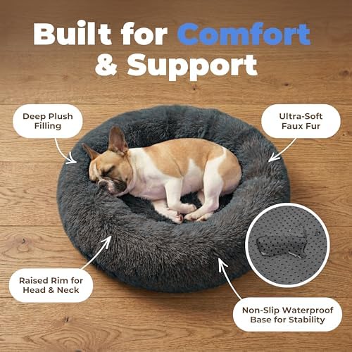 Best Pet Supplies Round Calming Dog Bed for Small, Medium & Large Dogs, Plush Donut Cuddler Pet Bed w/Raised Rim for Head, Neck Support, Anti-Slip Bottom Washable Bed - Gray, 27 x 27 x 7.5