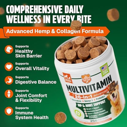 Dog Vitamins and Supplements 250 Chews - 26 in 1 Dog Multivitamin Soft Chews with Glucosamine, Chondroitin, Probiotics, Omega 3 - Hip & Joint, Skin & Coat, Immune Support - Chicken Flavor