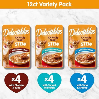 Delectables Lickable Treat Stew Wet Cat Treat Variety Pack, Food Topper, Hydrating, Grain-Free, No Fillers, No By-Products, No Added Preservatives, 1.4oz Pouch, 12ct