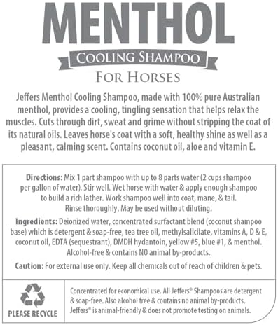 Jeffers Equine Menthol Cooling Horse Shampoo, 16 oz - Concentrated Horse Shampoo for Cleaning, Deodorizing & Conditioning Coat, Mane & Tail with 100% Pure Australian Menthol, Coconut Oil & Aloe Vera