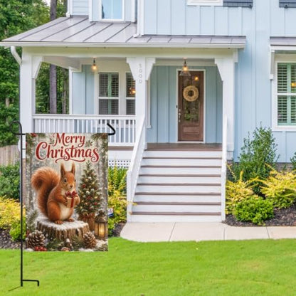 Christmas Squirrel House Flag 28x40 Inch Merry Holiday Gift Tree Lantern Pinecone Holly Snowy Woodland Rustic Outdoor Yard Lawn Porch Double Sided Banner Farmhouse Welcome Decor