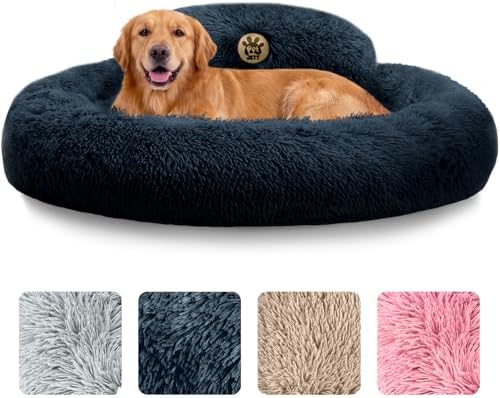 PetJett Dog Beds Large Sized Dog - 36'' Calming Round Bed, Washable Dog Bed - Anti-Slip Super Soft Donut Bed, Fluffy Faux Fur Anti-Anxiety Premium Comfort Pet Bed, Fits Dogs up to 80 lbs - Dark Grey