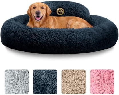 PetJett Dog Beds Large Sized Dog - 36'' Calming Round Bed, Washable Dog Bed - Anti-Slip Super Soft Donut Bed, Fluffy Faux Fur Anti-Anxiety Premium Comfort Pet Bed, Fits Dogs up to 80 lbs - Dark Grey