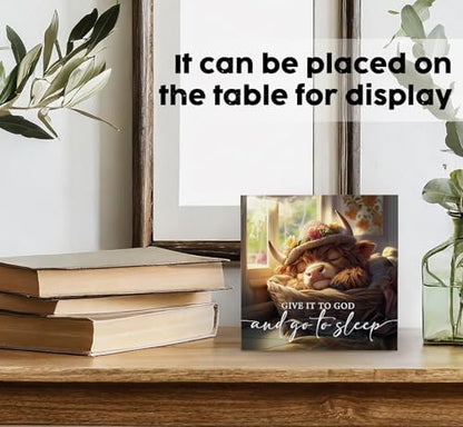 Nursery Highland Cow Wooden Box Sign - Cute Give It to God and Go to Sleep Signs for Home Decor, Funny Farm Animal Office Kitchen Bedroom Decor,Highland Cow Gifts for Women, 5x5