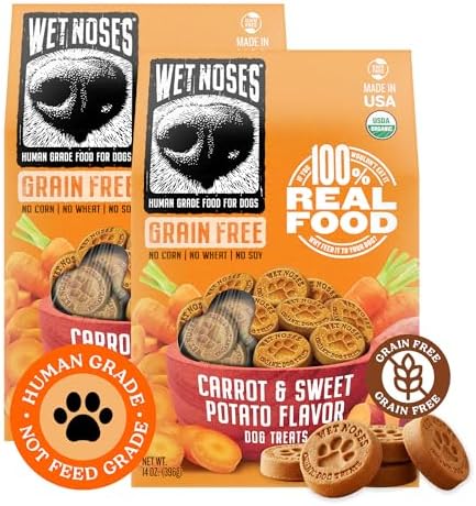 Wet Noses Organic Crunchy Dog Treats Grain Free – All-Natural, Human-Grade, Non-GMO, Healthy Training & Delicious Snacks for Dogs, for All Dog Sizes & Breeds – Carrot & Sweet Potato, 14oz (2 Pack)