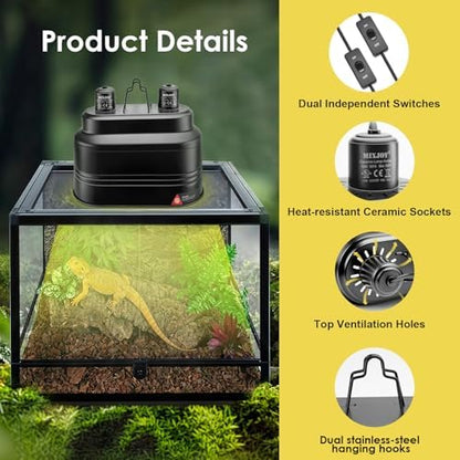 MIXJOY Dual Reptile Light Fixture, Max 160W Each Heat Lamp Fixture with Separate Switches, Fits Reptile Light/Heat Lamp/UVB Light for Lizards, Turtles, Snakes, and Amphibians