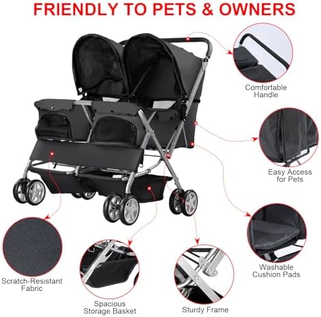 Double Pet Stroller for 2 Small Dogs & Cats, Side-by-Side Twin Travel Carriage with Safety Leashes, Mesh Windows & Double Storage Baskets, Lightweight & Foldable, 44lbs Capacity, Black