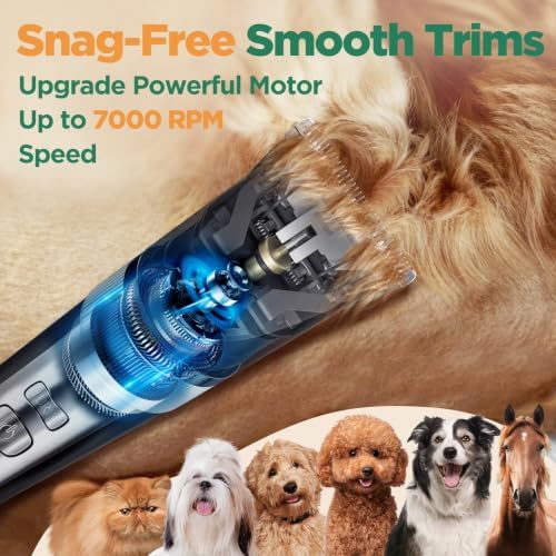Gimars Professional 7000rpm Low Noise 55db Cordless Rechargeable Dog Clippers, 3.0 Motor Powerful Dog Long Hair Trimmer Grooming Shaver Kit, Home Electric Pet Hair Clippers for Cat, Horse