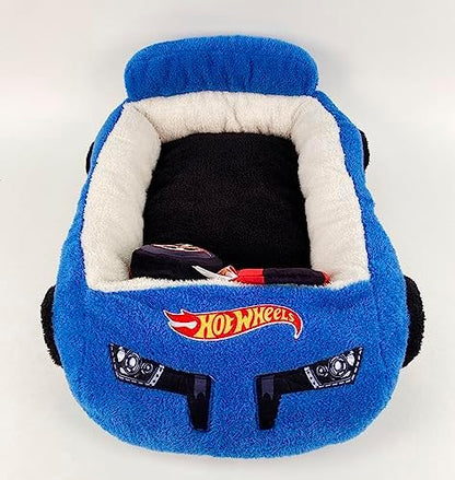 Megatoys Hot Wheels Plush Car Pet Bed – Themed Blue Car Design for Dogs and Cats with Toy Steering Wheel and Tire