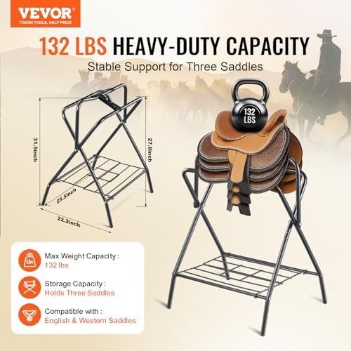 VEVOR Folding Saddle Rack, 2 Packs Freestanding Horse Saddle Stand, Portable Horse Blanket Holder, Heavy Duty Steel Saddle Rack for English & Western Saddles, Tack Storage, 28 x 19 x 37.5 in, Black
