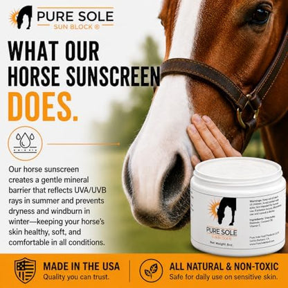 Horse Sunscreen for White Noses – Pure Sole Sun Block Cream for Sensitive Pink Horse Skin | Non-Nano Zinc Oxide & Moisturizing Natural SPF Ingredients – 8 oz