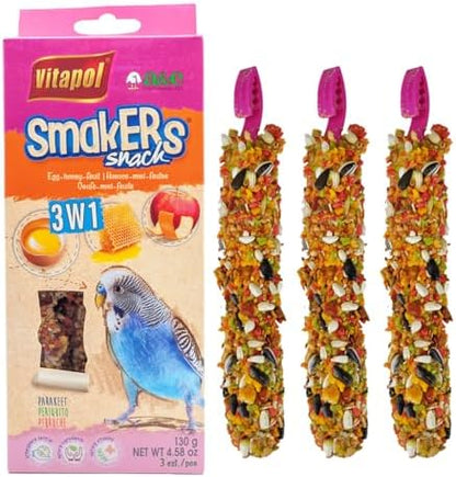 Vitapol Smakers 3-in-1 Treat Sticks for Parakeets, Egg Honey Fruit, 3 Pk