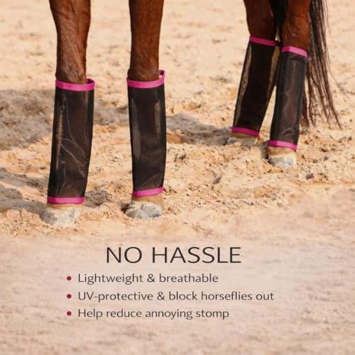 Fly Boots for Horse-Set of 4 Breathable Mesh Horse Fly Leg Guards, UV Protective Lightweight Fly Protection, Reduce Stomping & Insect Stress for Riding, Training, Pasture & Trail Riding (Pink)