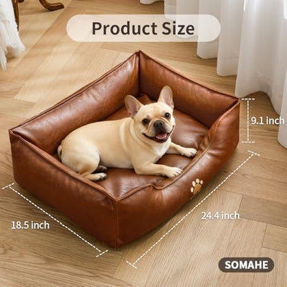 SOMAHE Waterproof Leather Dog Bed, Bolster Couch, 24x19x9 Grey