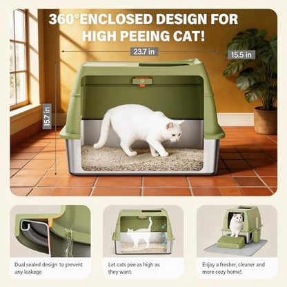 Extra Large Enclosed Stainless Steel Litter Box with lid，Front Entry Top Exit High Sided Metal cat Litter Pan，Non-Stick Easy Cleaning Anti-Urine Leakage for Big Cats，Includes Mat, Scoop & Step, Green