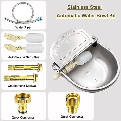 Automatic Animal Water Bowl with Float Valve, 304 Stainless Steel Livestock Water Dispenser for Dog Horse Goat Pig Cow Livestock Water Bowl Kit Includ Pipe Hose, Quick Connecter, Expansion Bolt