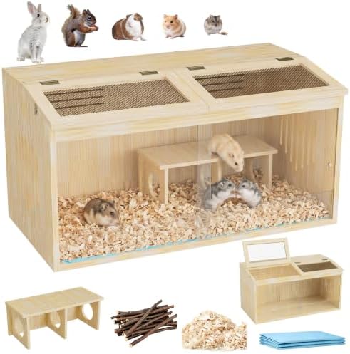 Wooden Hamster Cage with Toys and Bedding 32"x16" Guinea Pig Cages with Openable Top & Acrylic Front Door Large Ventilated Small Animal Cage for Hamster Rabbit Guinea Pig Hedgehog Rat