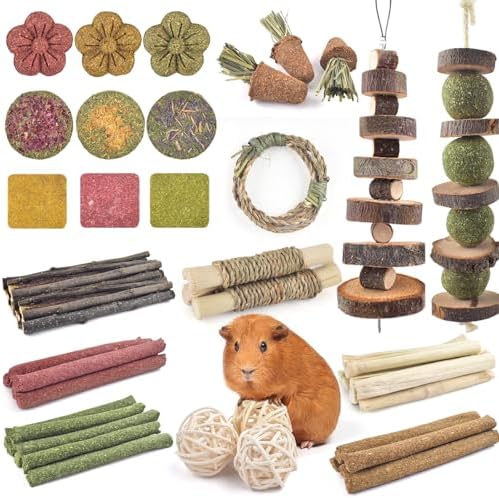 ERKOON 70PCS Rabbit Chew Toys, Natural Timothy Grass Cakes Guinea Pig Toys, Small Animal Teeth Grinding Treats for Bunny Hamster Chinchilla, Safe Dental Care Snacks