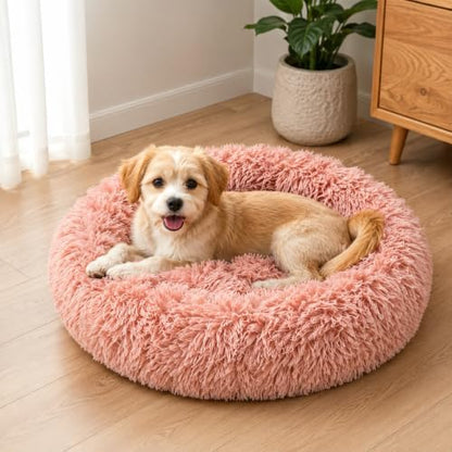 Cat Beds for Indoor Cats, Round Fluffy Cute Small Cat Bed, Washable Anti-Slip Donut Pet Bed, Round Dog Bed for Small Pets (Pink)
