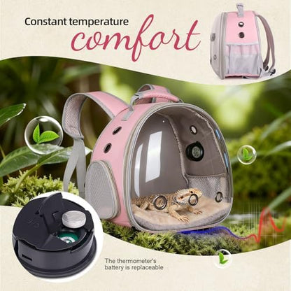 Reptile Travel Backpack Carrier with Reptile Thermometer and Humidity Gauge & Harness Leash Lizard Travel Cage Space Capsule Clear Bubble Window Astronaut Bearded Dragon Bag for Ball Python