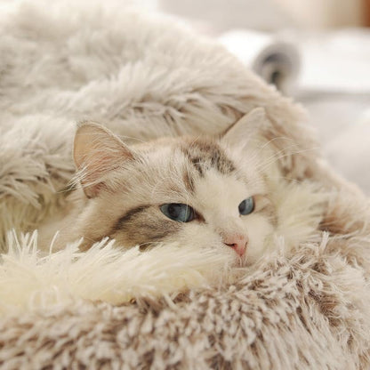 Round Fluffy Hooded Cat Bed Cave, Anti-Anxiety Cave Bed with Blanket