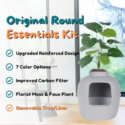 Good Pet Stuff Original Hidden Litter Box Planter, Decorative Cat Litter Enclosure, Carbon Filter, Faux Plant, Round Design, Easy Clean Litter Tray, Essentials Kit, Broad Leaf Plant, Pebble Gray