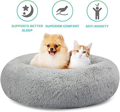 SAVFOX 20 inches Calming Donut Dog Bed - 3X Durable Plush Faux Fur, Machine Washable & Non-Slip, Fits up to 15 lbs, Light Grey