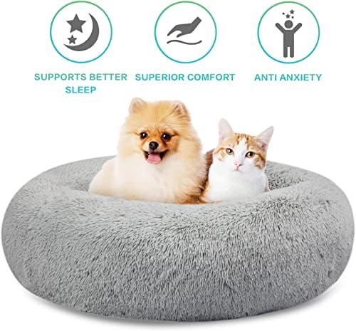 SAVFOX 20 inches Calming Donut Dog Bed - 3X Durable Plush Faux Fur, Machine Washable & Non-Slip, Fits up to 15 lbs, Light Grey