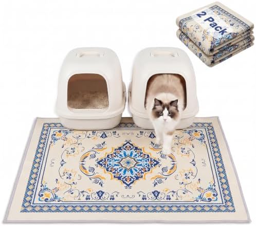 Bienbee Cat Litter Mat, 2PCS 33"x22" Machine Washable Litters Box Mats Non-Slip &Waterproof Cat Litters Trapping Mats Easy to Clean Mat for Litter Box Less Waste Protects Floors Blue and Gold L
