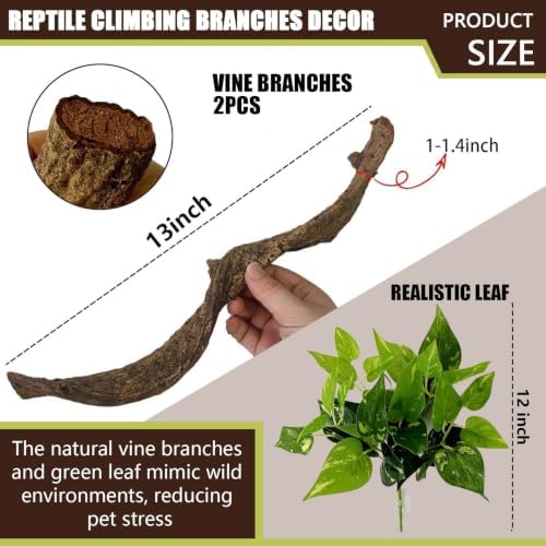 BNOSDM 2PCS Natural Reptile Climbing Branches Decor,0.8-1.2" Thick Snake Climbing Forest Wood with Plant Leaf Decor,Lizard Forest Branch,Geckos Tank Tree Trunk Accessories for Bearded Dragons
