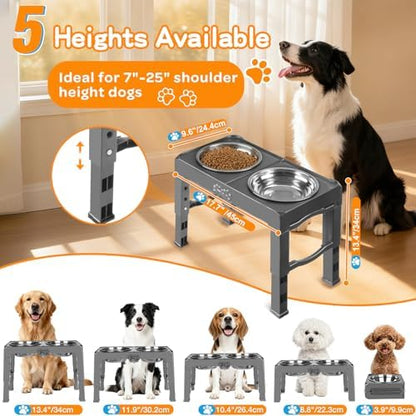 COMESOON Elevated Dog Bowls, 5 Adjustable Heights (3.9"-13.4") Raised Dogs Food Bowl Stand for Medium Large Sized Dogs, Non-Slip Foldable Travel Pet Feeder Grey with Stainless Steel Bowls