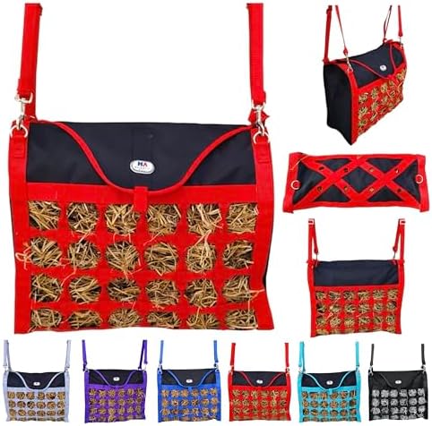 Majestic Ally Animal Health Hay Bag for Horses, 2.5" Holes, Top Load, Travel Feeder, Reduces Waste, 1 Year Warranty, Multiple Colors (Red-Black)