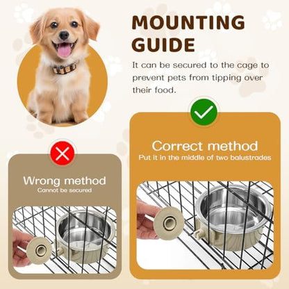 2Pcs Pets Lightweight Stainless Steel Bowl,Removable Stainless Steel Pet Hanging Food Water Feeder Bowl for Puppy Dog Cat Rabbit Ferret Bird Gunea Pigs (Gray-Large)