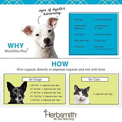 Herbsmith Microflora Plus – Dog Digestion Aid –Probiotics and Digestive Enzymes for Dogs – Prebiotic for Dogs – 30ct Capsules