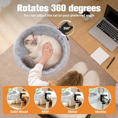 Cat Desk Bed Clamp On, 360 Swivel Faux Fur Perch, Gray