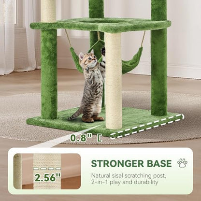61" Cat Tree for with Green Leaves, Multi-Level Large Cat Tower with Hammock, Plush Cat House with Hang Ball Toy and Sisal Scratching Posts Furniture, Green